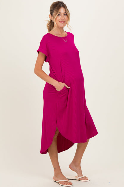 Magenta Ribbed Curved Hem Maternity Midi Dress