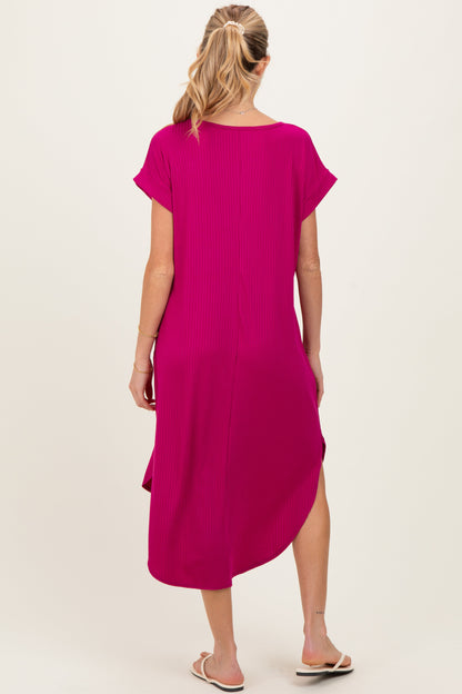 Magenta Ribbed Curved Hem Maternity Midi Dress