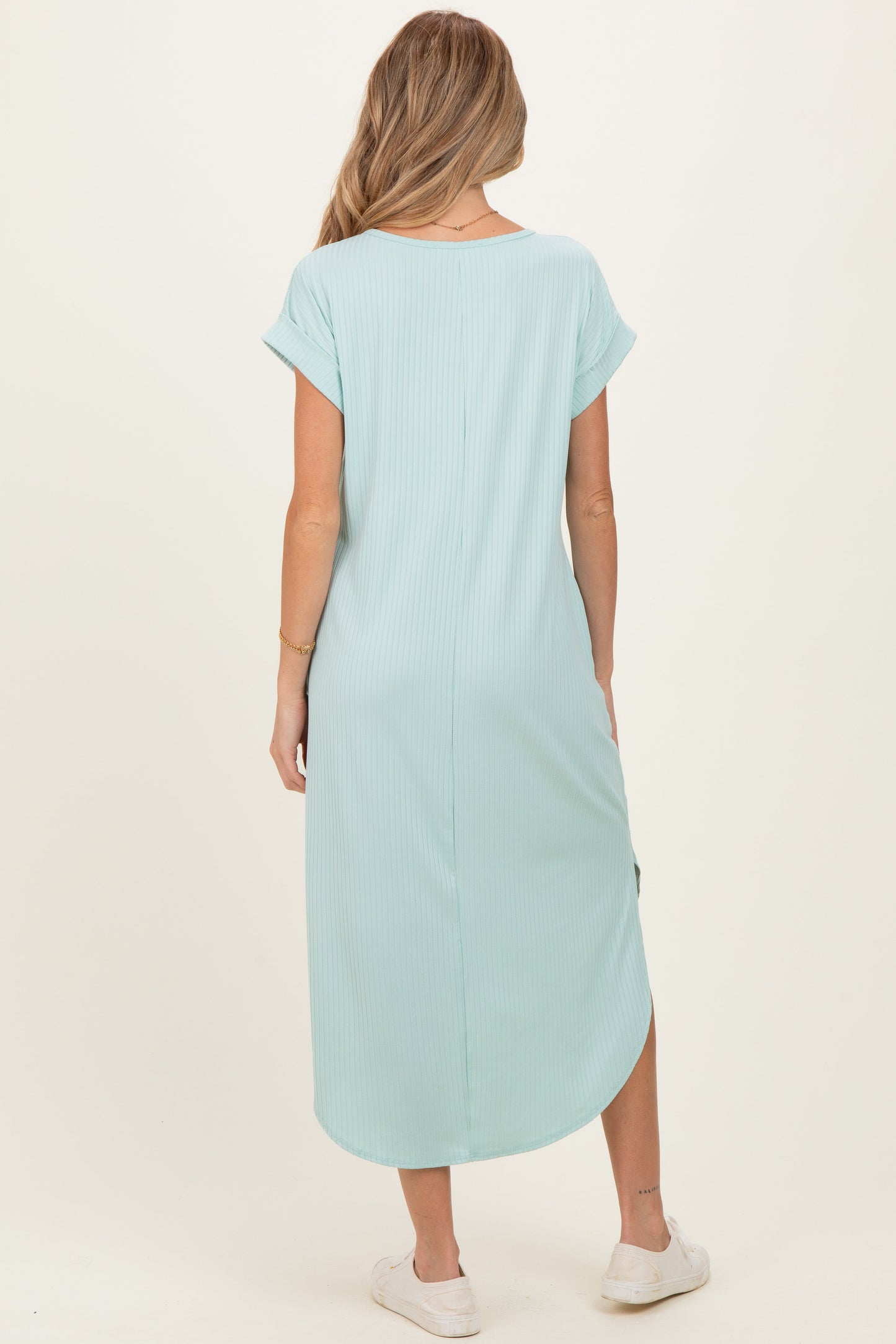 Mint Ribbed Curved Hem Maternity Midi Dress