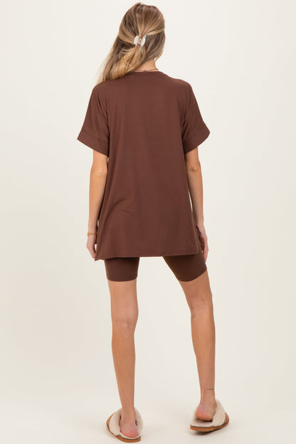 Brown Hi-Low Short Sleeve Tee Biker Short Maternity Set