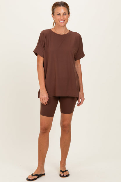 Brown Hi-Low Short Sleeve Tee Biker Short Maternity Set