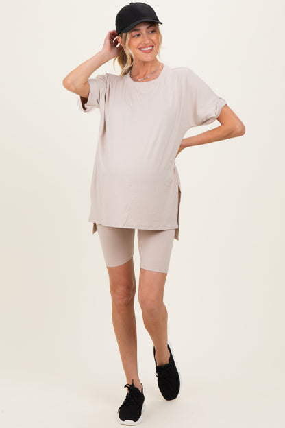Sand Beige Hi-Low Short Sleeve Tee Biker Short Maternity Set