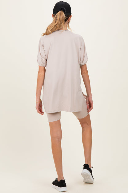 Sand Beige Hi-Low Short Sleeve Tee Biker Short Maternity Set