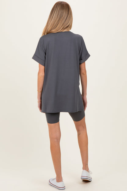 Ash Grey Hi-Low Short Sleeve Tee Biker Short Maternity Set