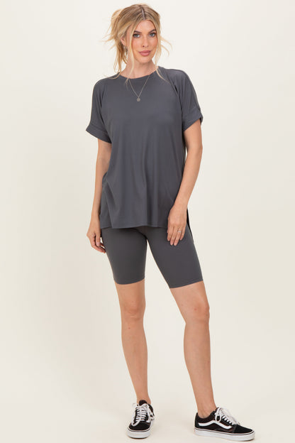 Ash Grey Hi-Low Short Sleeve Tee Biker Short Maternity Set