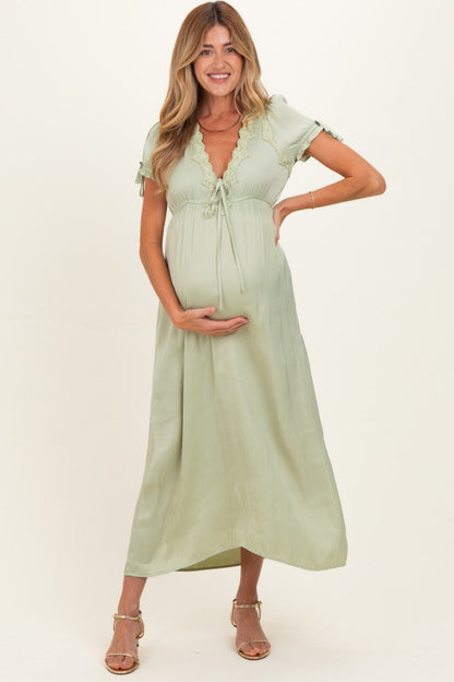 Sage Satin Lace Detail Maternity Maxi Dress
