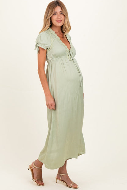 Sage Satin Lace Detail Maternity Maxi Dress