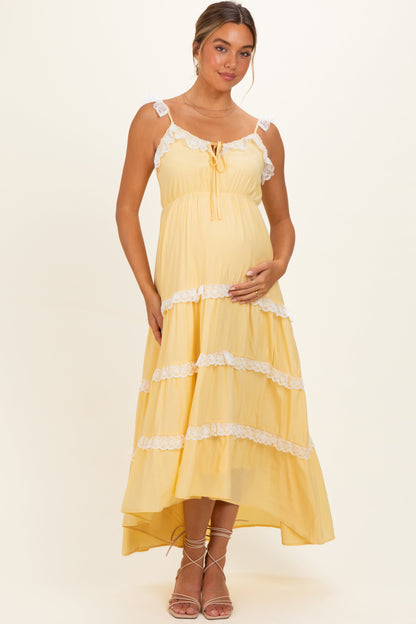 Yellow Lace Trim Tiered Maternity Maxi Dress