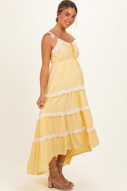 Yellow Lace Trim Tiered Maternity Maxi Dress