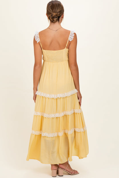 Yellow Lace Trim Tiered Maternity Maxi Dress