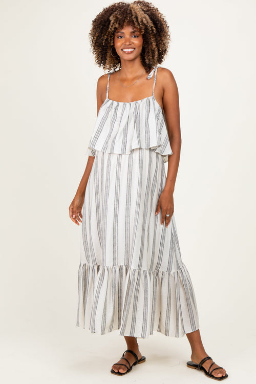 Black Striped Flounce Shoulder Tie Maternity Midi Dress
