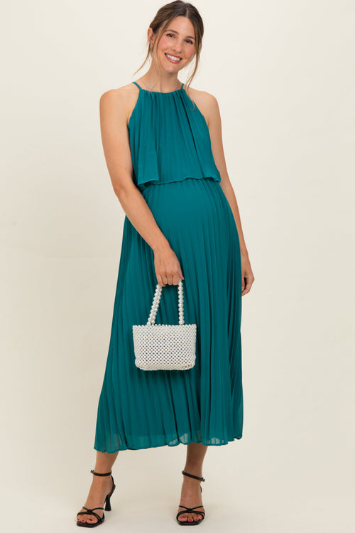 Teal Pleated Woven Maternity Midi Dress