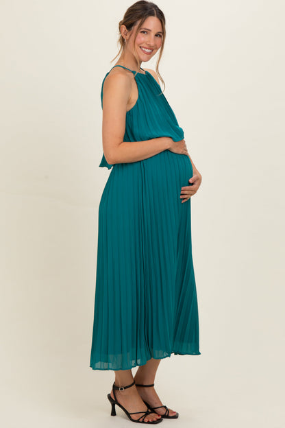 Teal Pleated Woven Maternity Midi Dress