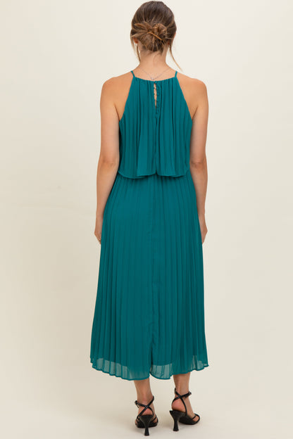 Teal Pleated Woven Maternity Midi Dress