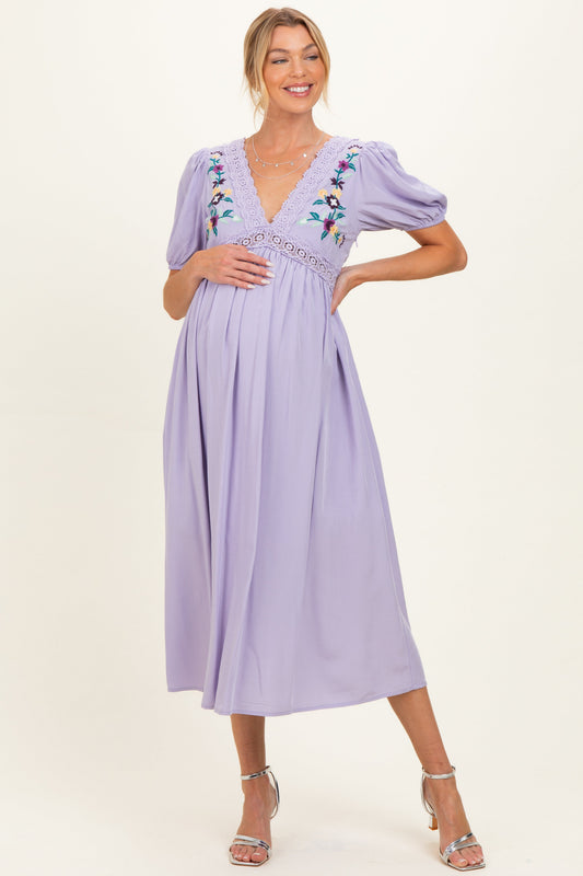Lavender Puff Sleeve Embroidered Maternity Midi Dress