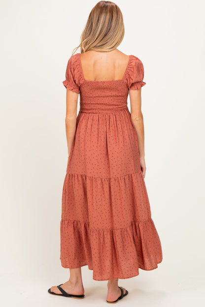 Mauve Tiny Floral Smocked Puff Sleeve Maternity Maxi Dress