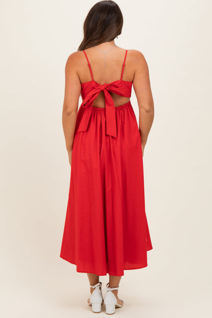 Red Linen Sleeveless Tie Back Flared Maternity Midi Dress