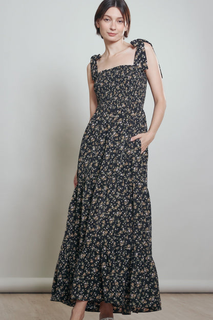 Black Floral Shoulder Tie Maternity Maxi Dress