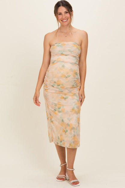 Yellow Floral Mesh Ruched Strapless Maternity Midi Dress