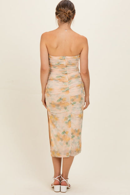 Yellow Floral Mesh Ruched Strapless Maternity Midi Dress