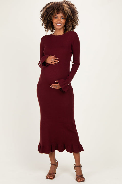 Burgundy Ribbed Knit Bow Back Maternity Maxi Dress