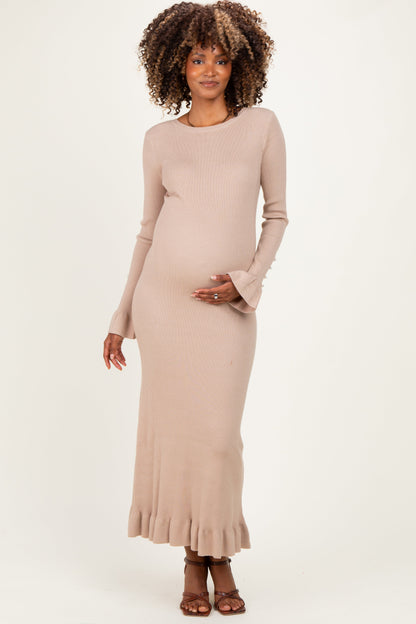 Sand Ribbed Knit Bow Back Maternity Maxi Dress