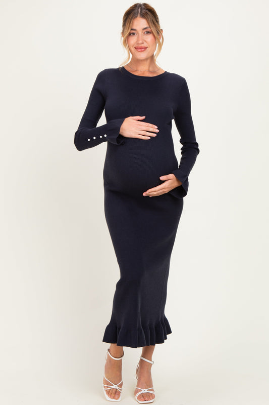 Navy Ribbed Knit Bow Back Maternity Maxi Dress