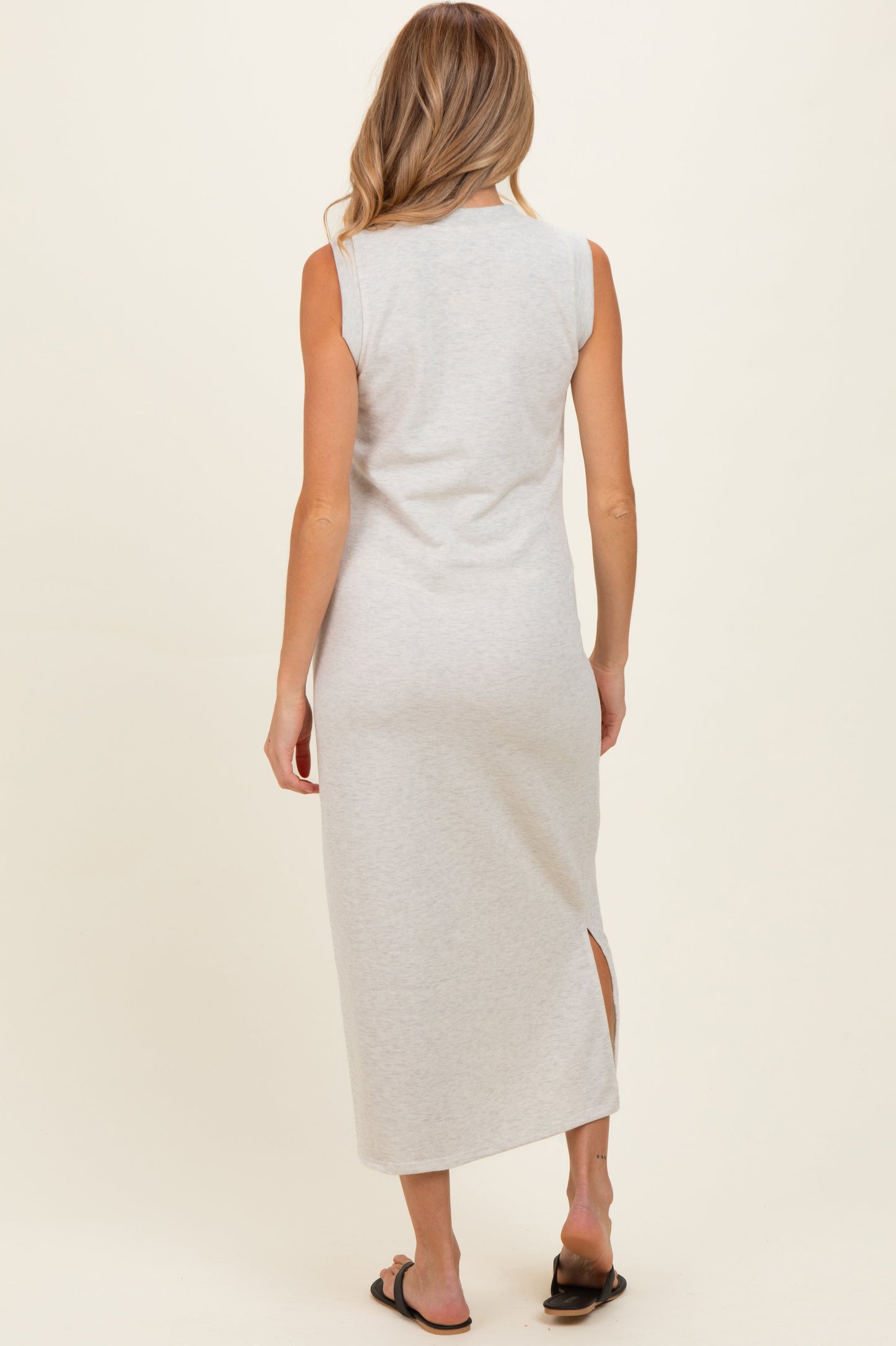 Light Heather Grey Sleeveless Side Slit Maternity Midi Dress