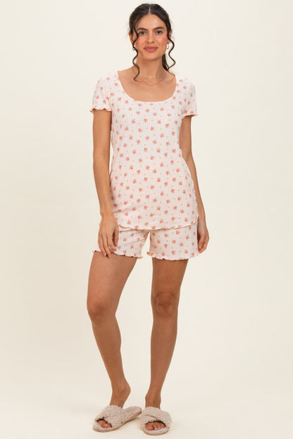 Peach Floral Ribbed Maternity Lounge Set