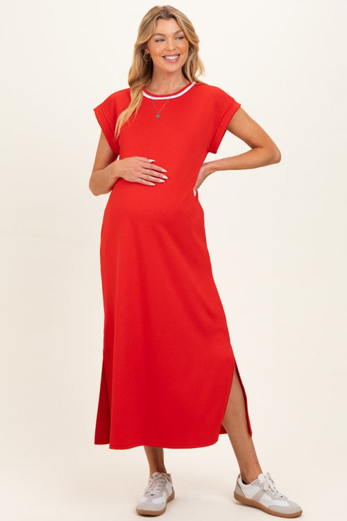 Tomato Red Side Slit Maternity Midi Dress