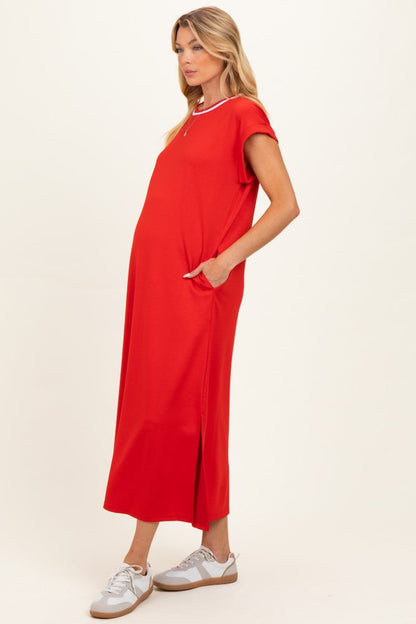 Tomato Red Side Slit Maternity Midi Dress