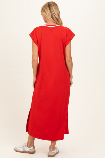Tomato Red Side Slit Maternity Midi Dress