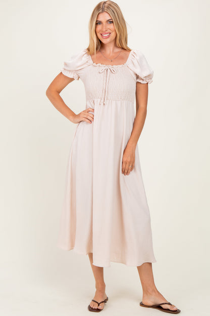 Beige Square Neck Puff Sleeve Maternity Midi Dress