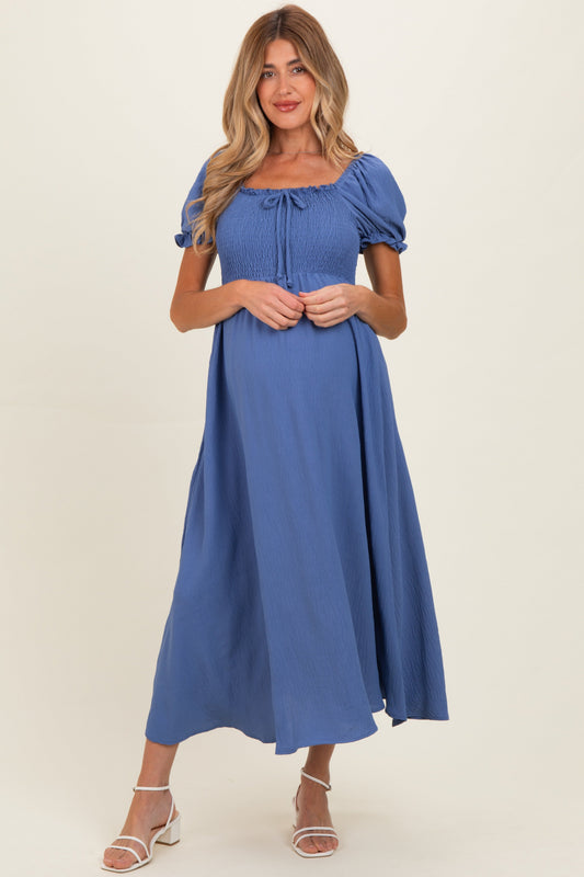 Blue Square Neck Puff Sleeve Maternity Midi Dress