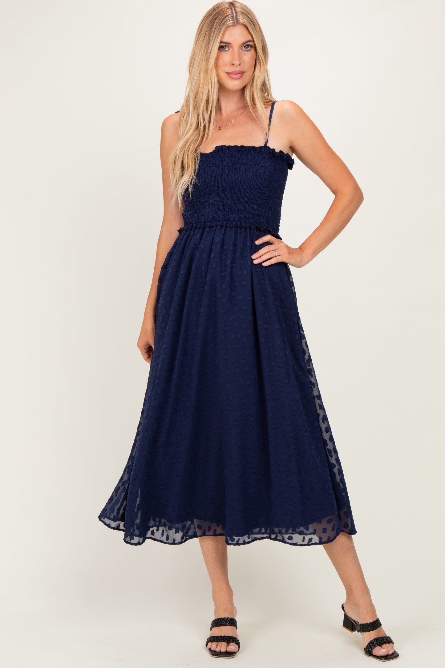 Navy Shoulder Tie Maternity Midi Dress