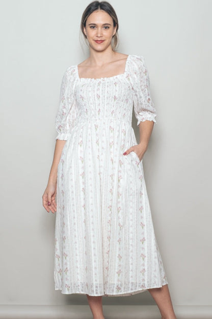 Cream Floral Smocked Maternity Midi Dress