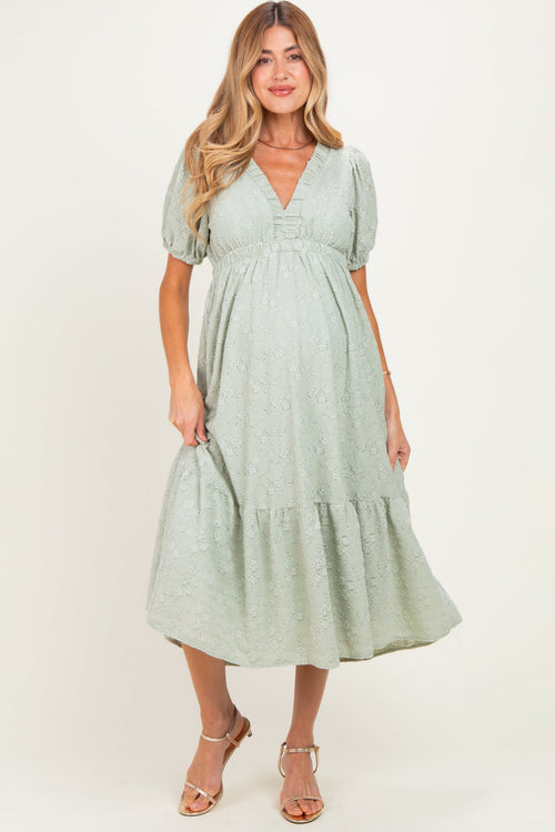 Sage Lace V-Neck Puff Sleeve Maternity Maxi Dress