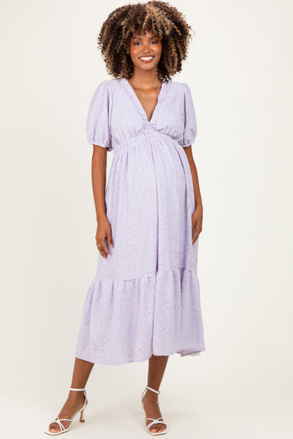 Lavender Lace V-Neck Puff Sleeve Maternity Maxi Dress