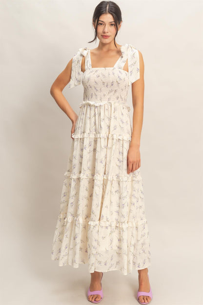 Purple Floral Smocked Tiered Maternity Maxi Dress