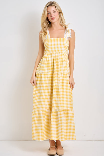 Yellow Gingham Lace Trim Shoulder Tie Maternity Maxi Dress