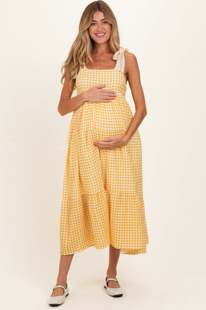Yellow Gingham Lace Trim Shoulder Tie Maternity Maxi Dress