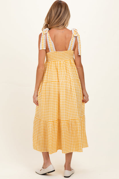 Yellow Gingham Lace Trim Shoulder Tie Maternity Maxi Dress