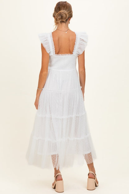 White Smocked Polka Dot Tulle Maternity Midi Dress