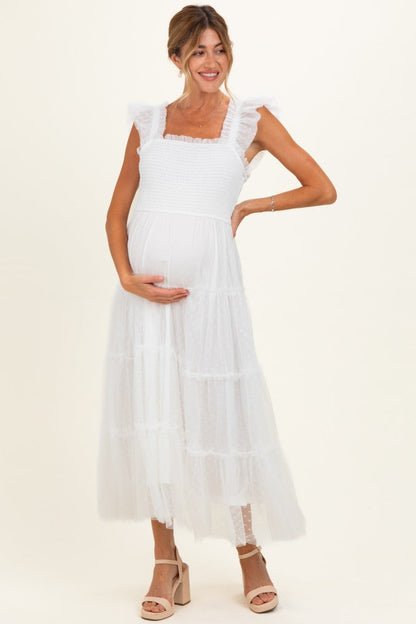 White Smocked Polka Dot Tulle Maternity Midi Dress