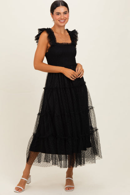 Black Smocked Polka Dot Tulle Maternity Midi Dress