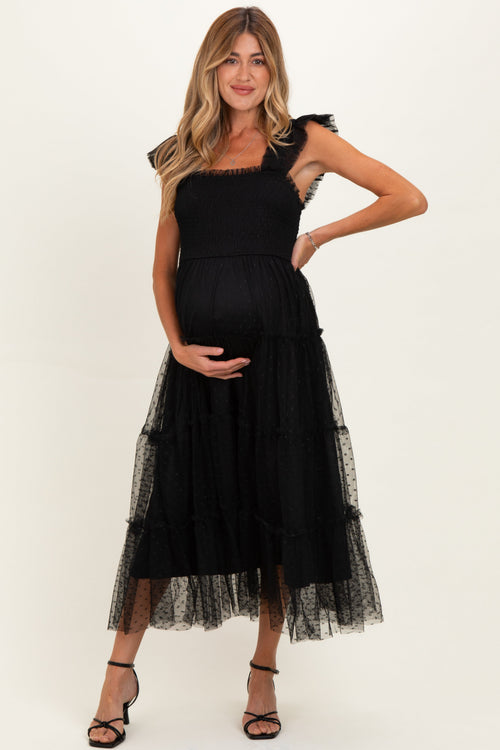 Black Smocked Polka Dot Tulle Maternity Midi Dress