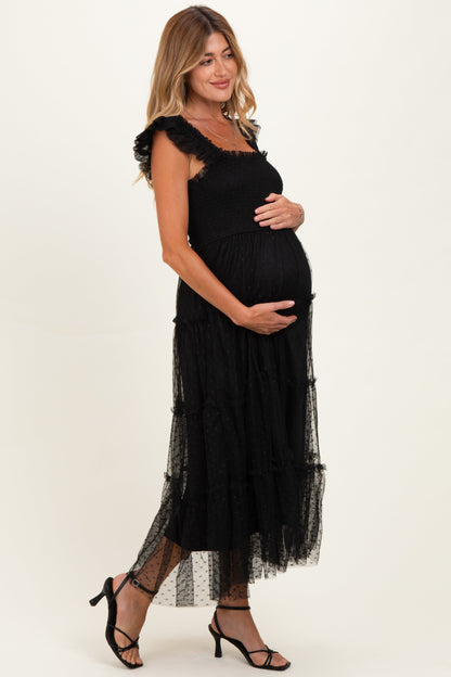 Black Smocked Polka Dot Tulle Maternity Midi Dress