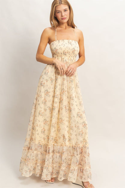 Yellow Floral Smocked Open Back Maternity Maxi Dress