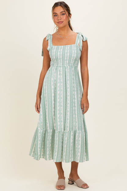 Sage Floral Stripe Smocked Shoulder Tie Maternity Midi Dress