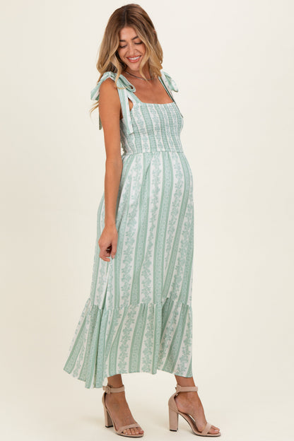 Sage Floral Stripe Smocked Shoulder Tie Maternity Midi Dress